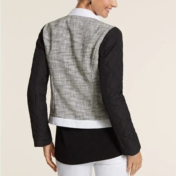 NEW Chico's quilted mix tweed pt pattern black white long sleeve collared jacket - Picture 12 of 12